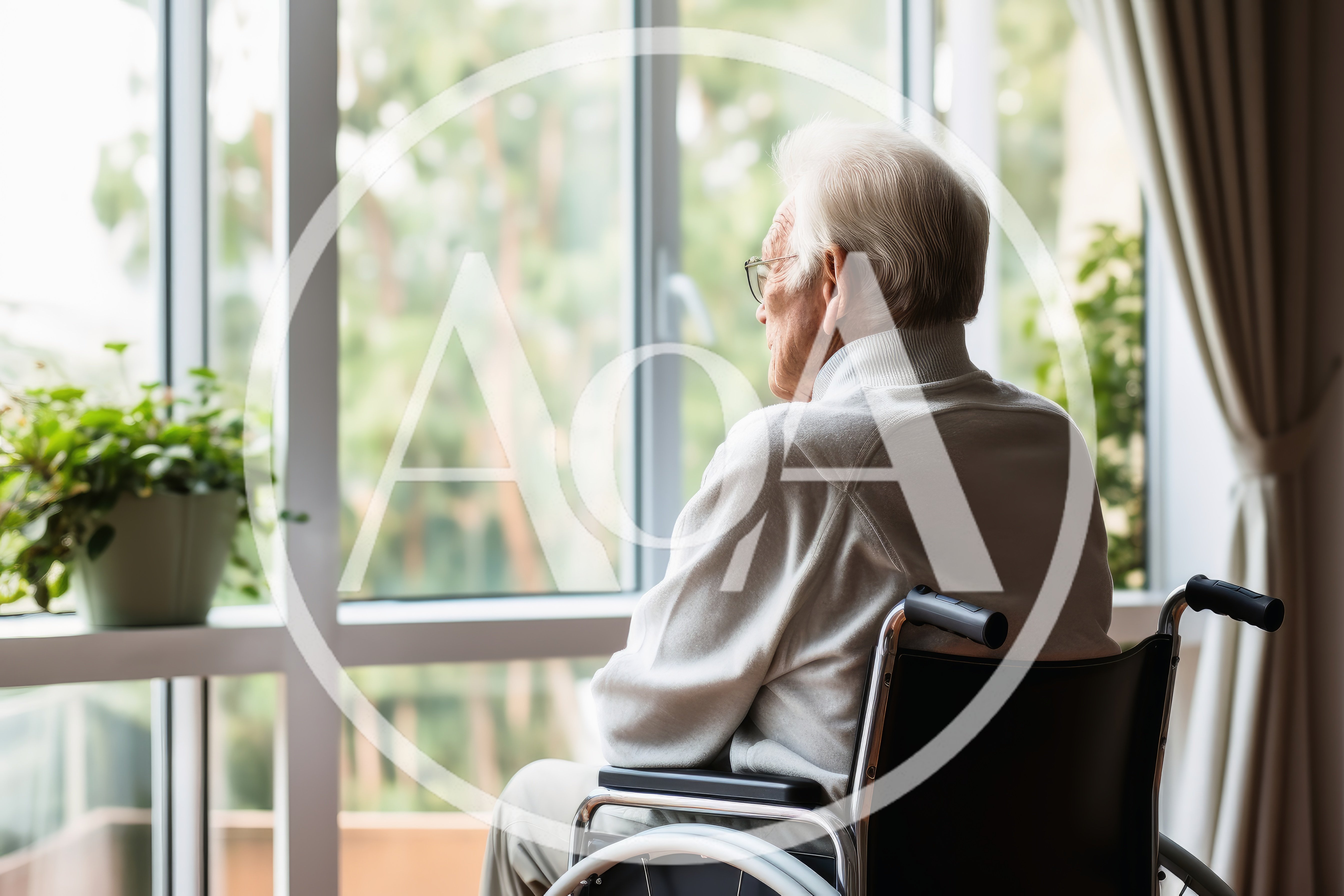 Elderly Man Sitting In Wheelchair Looking Out Window