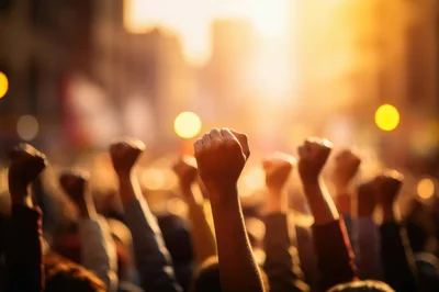 Crowd Raising Fists in Protest at Sunset