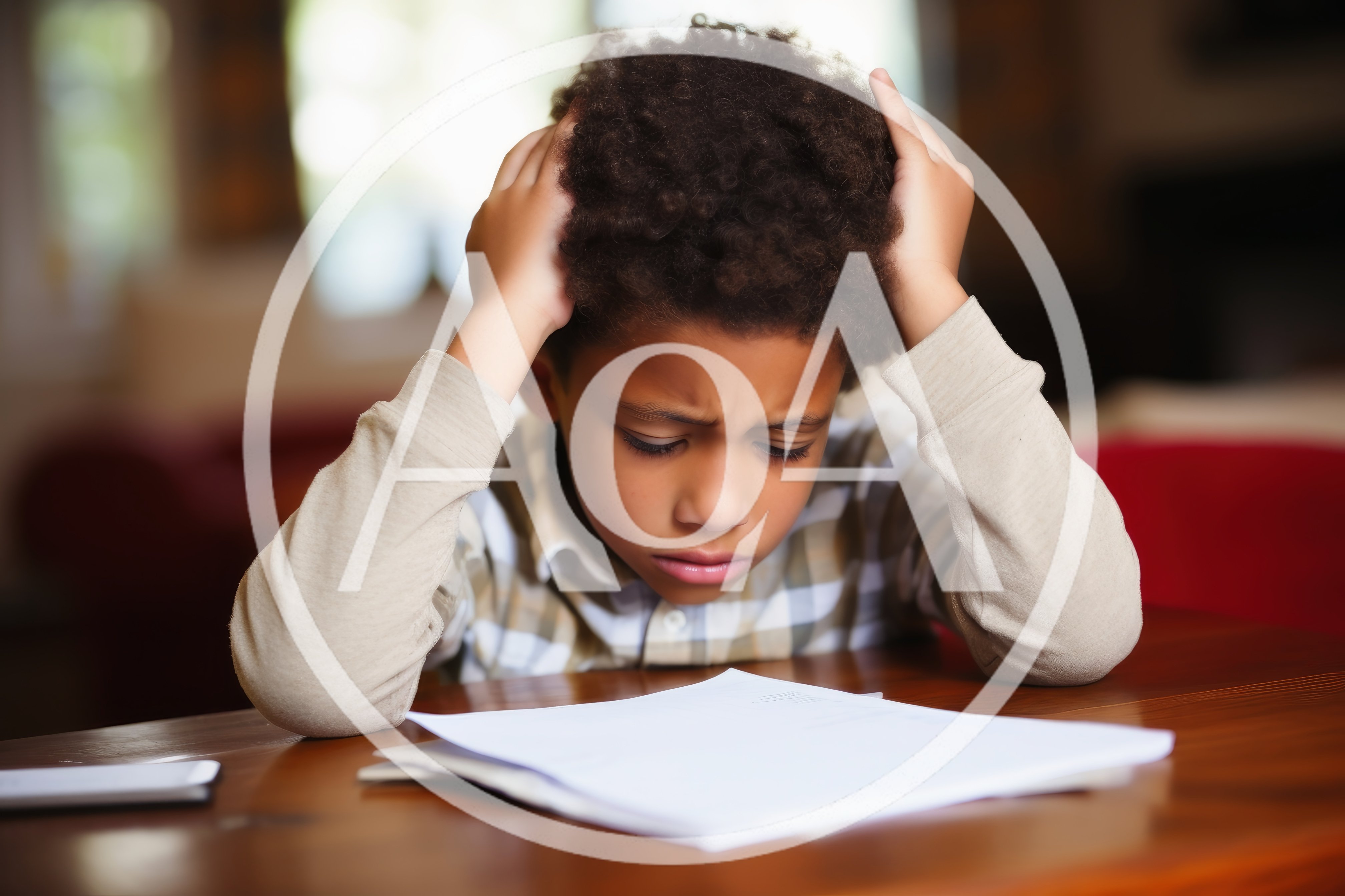 Stressed Young Boy Studying At A Wooden Table