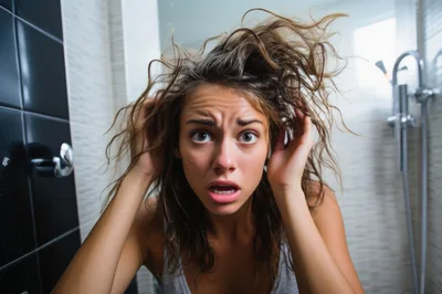Stressed Young Woman With Messy Hair In Bathroom