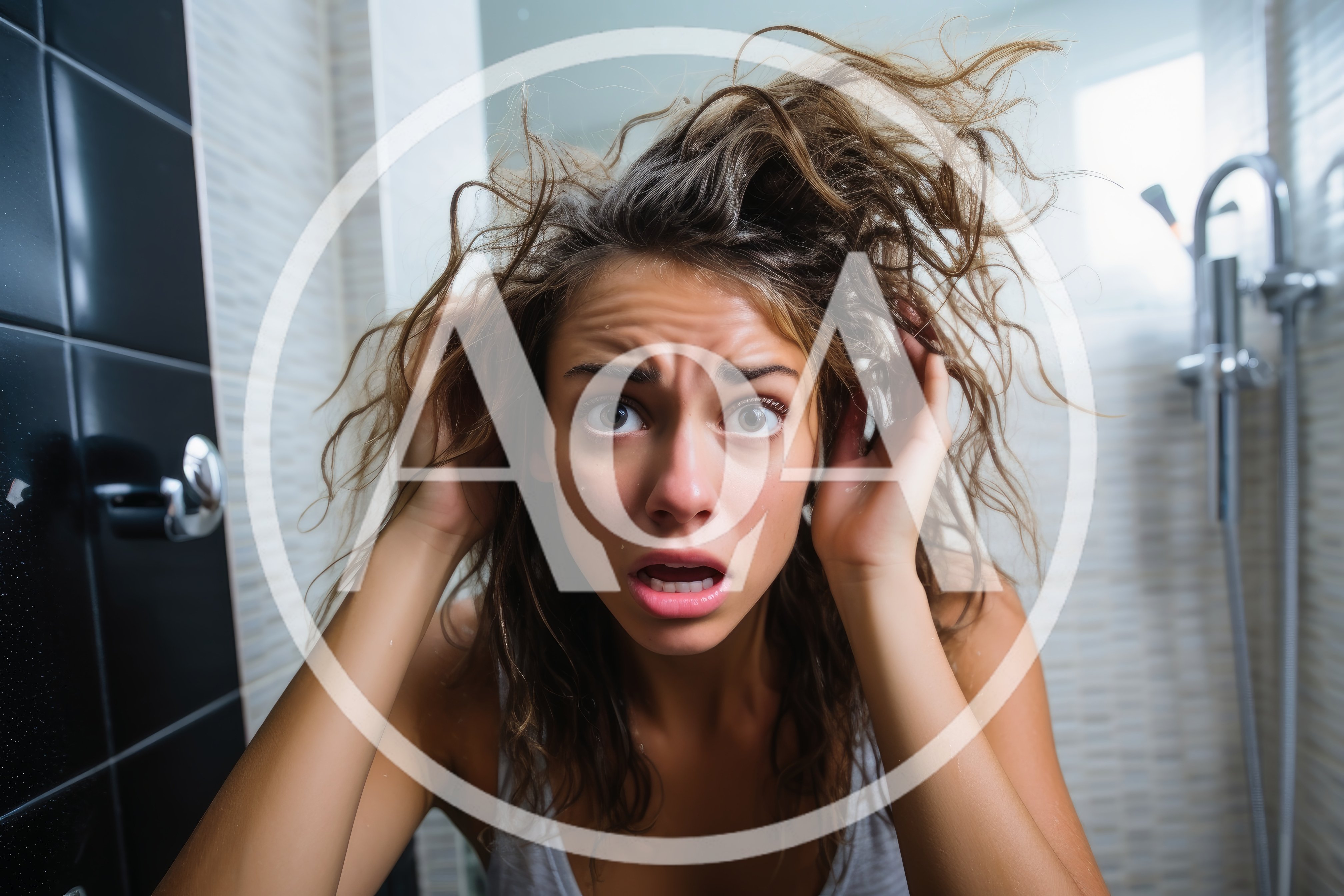 Stressed Young Woman With Messy Hair In Bathroom