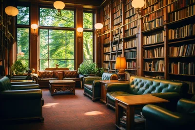 Luxurious Library Interior With Leather Furniture And Bookshelves