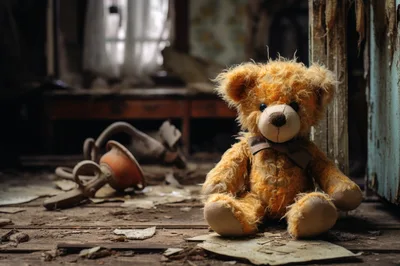 Old Teddy Bear Sitting In An Abandoned Room
