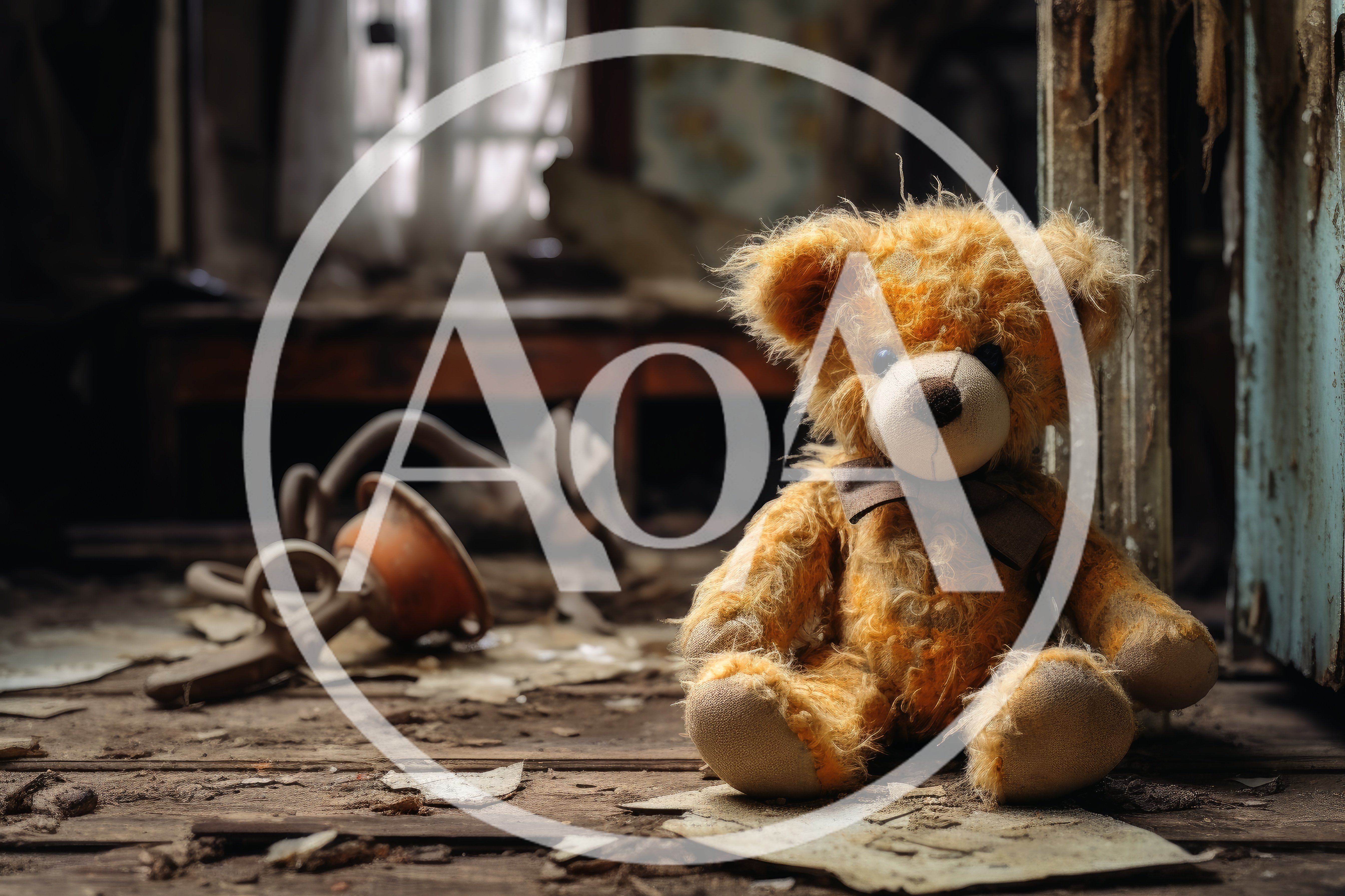 Old Teddy Bear Sitting In An Abandoned Room