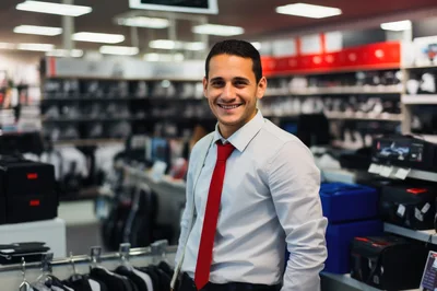 Smiling Male Retail Employee Standing In Electronics Store