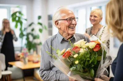 Elderly Man Receiving A Bouquet Of Flowers