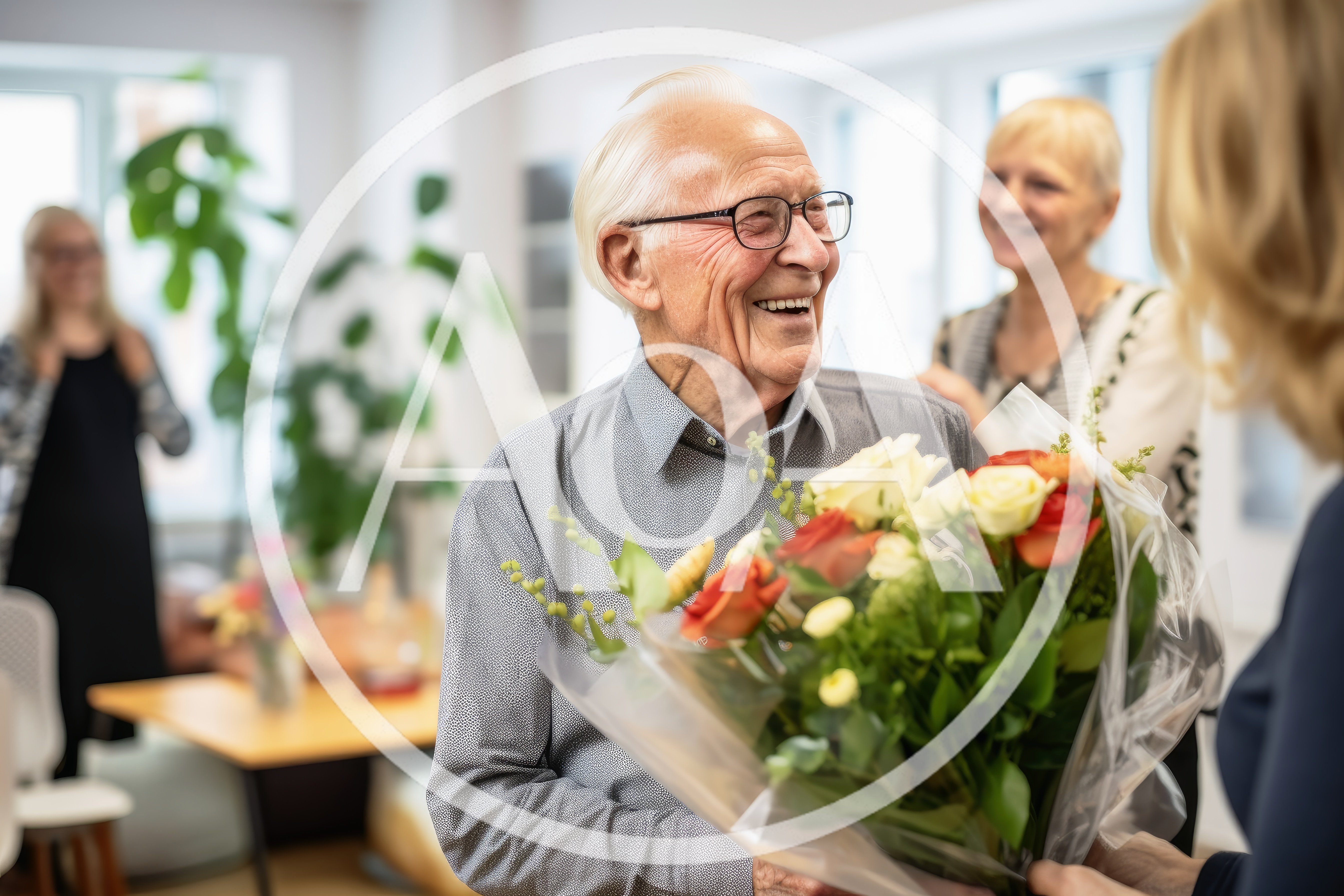 Elderly Man Receiving A Bouquet Of Flowers
