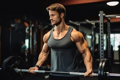 Muscular Man Performing Barbell Bicep Curls In Gym