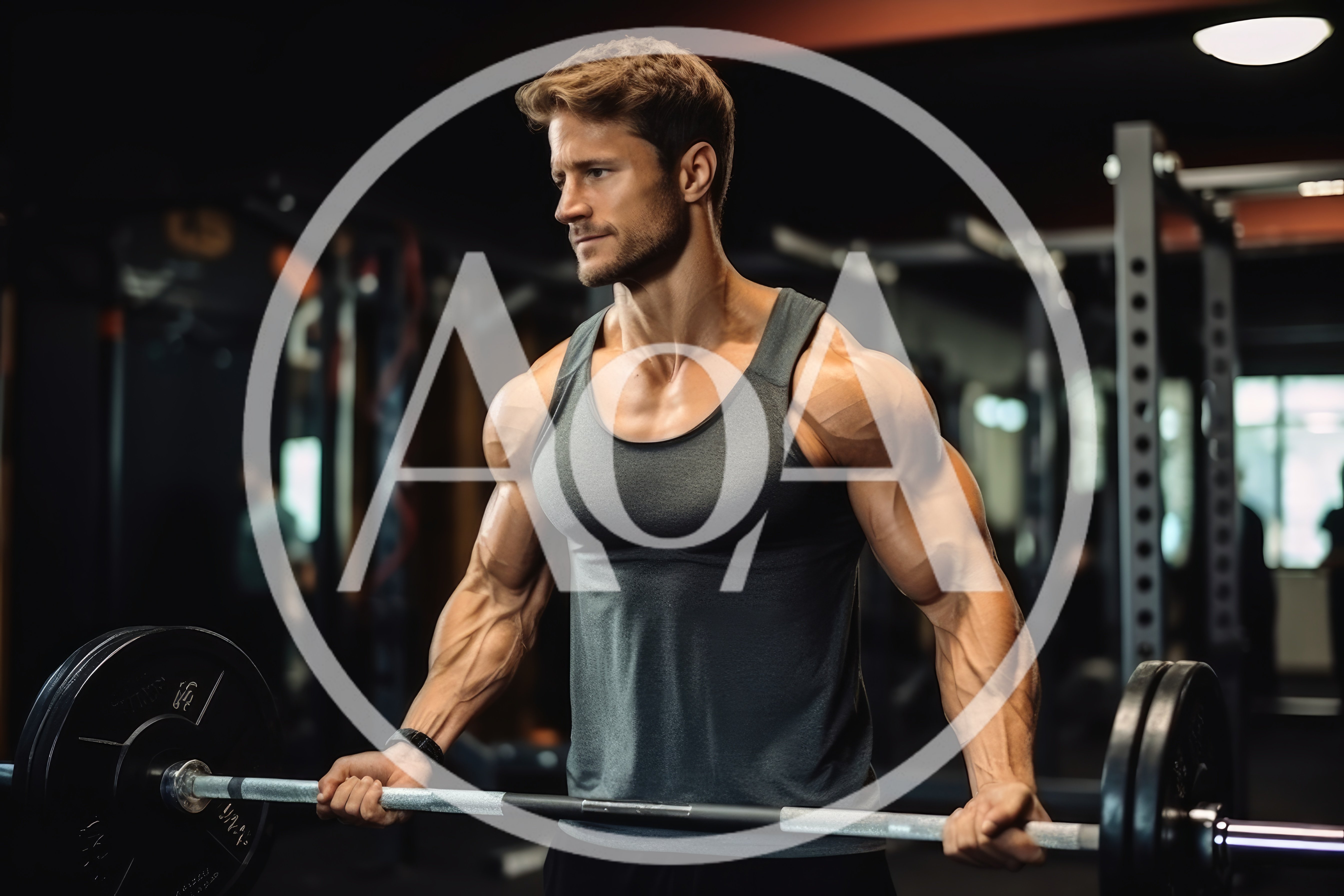 Muscular Man Performing Barbell Bicep Curls In Gym