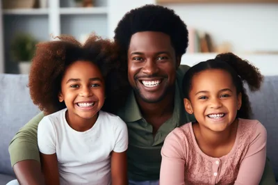 Happy African American Father With Two Young Daughters