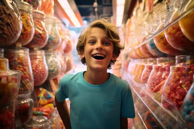 Excited Young Boy Standing In A Candy Store