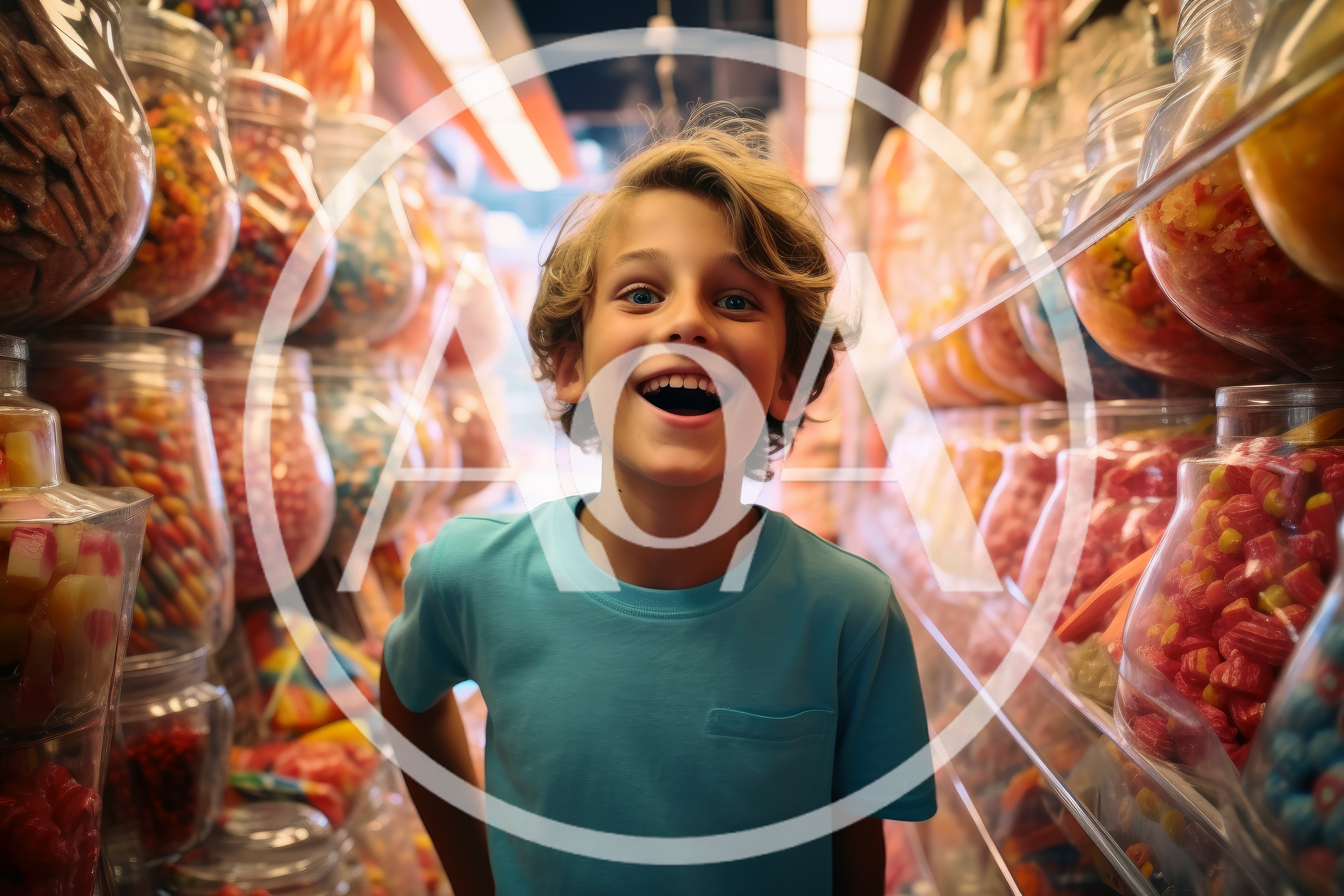 Excited Young Boy Standing In A Candy Store