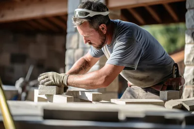Professional Mason Laying Bricks On Construction Site