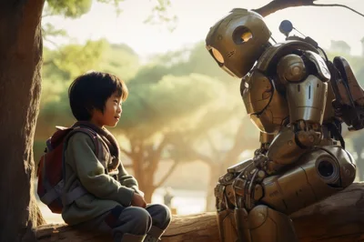 Young Boy Sitting With A Robot On A Log