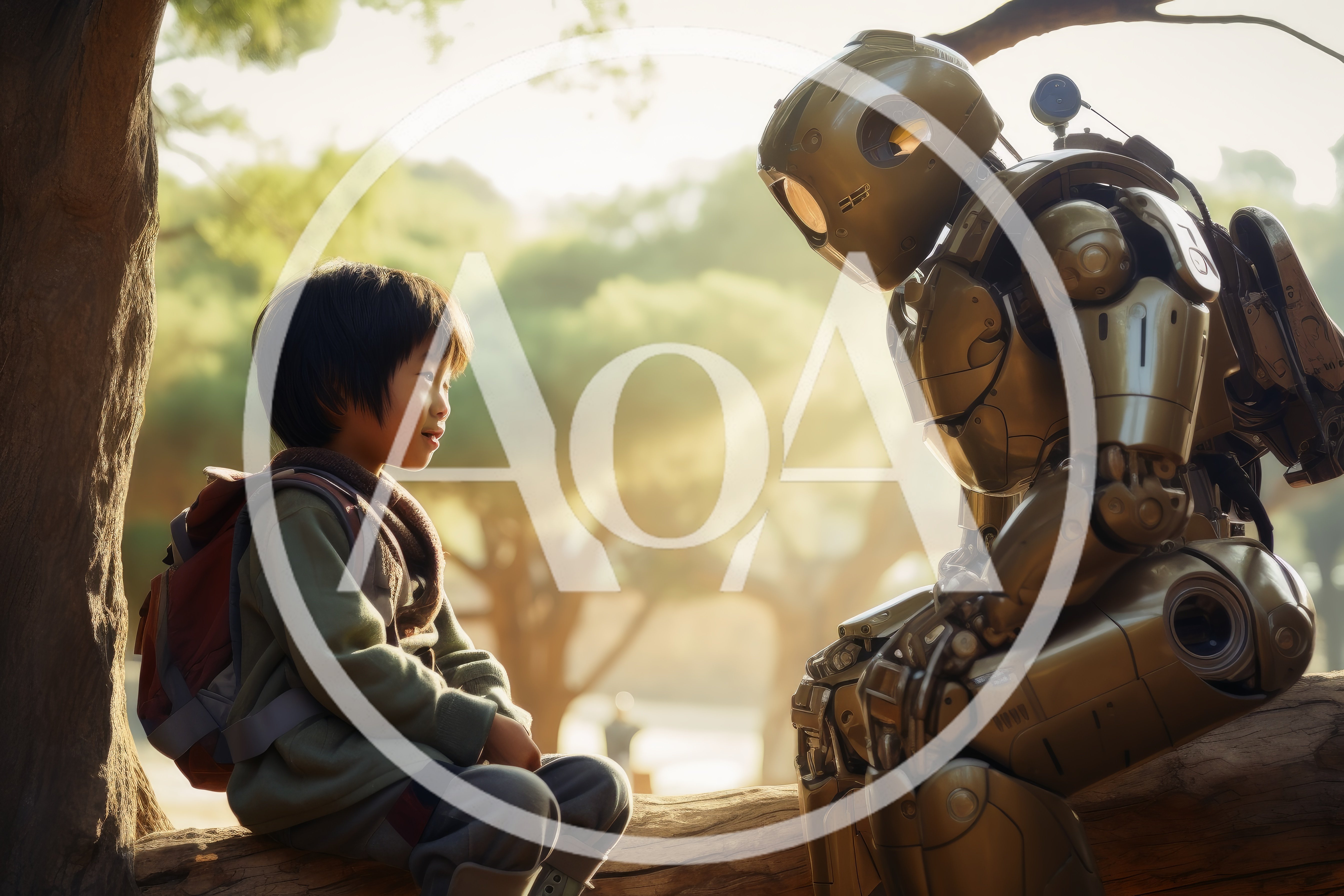 Young Boy Sitting With A Robot On A Log
