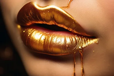 Close Up Of Lips Coated In Liquid Gold Paint
