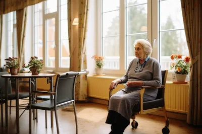 Elderly Woman Sitting Alone In A Bright Care Home