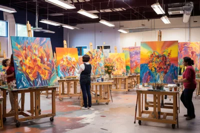 Artists Painting Abstract Floral Canvases In A Studio