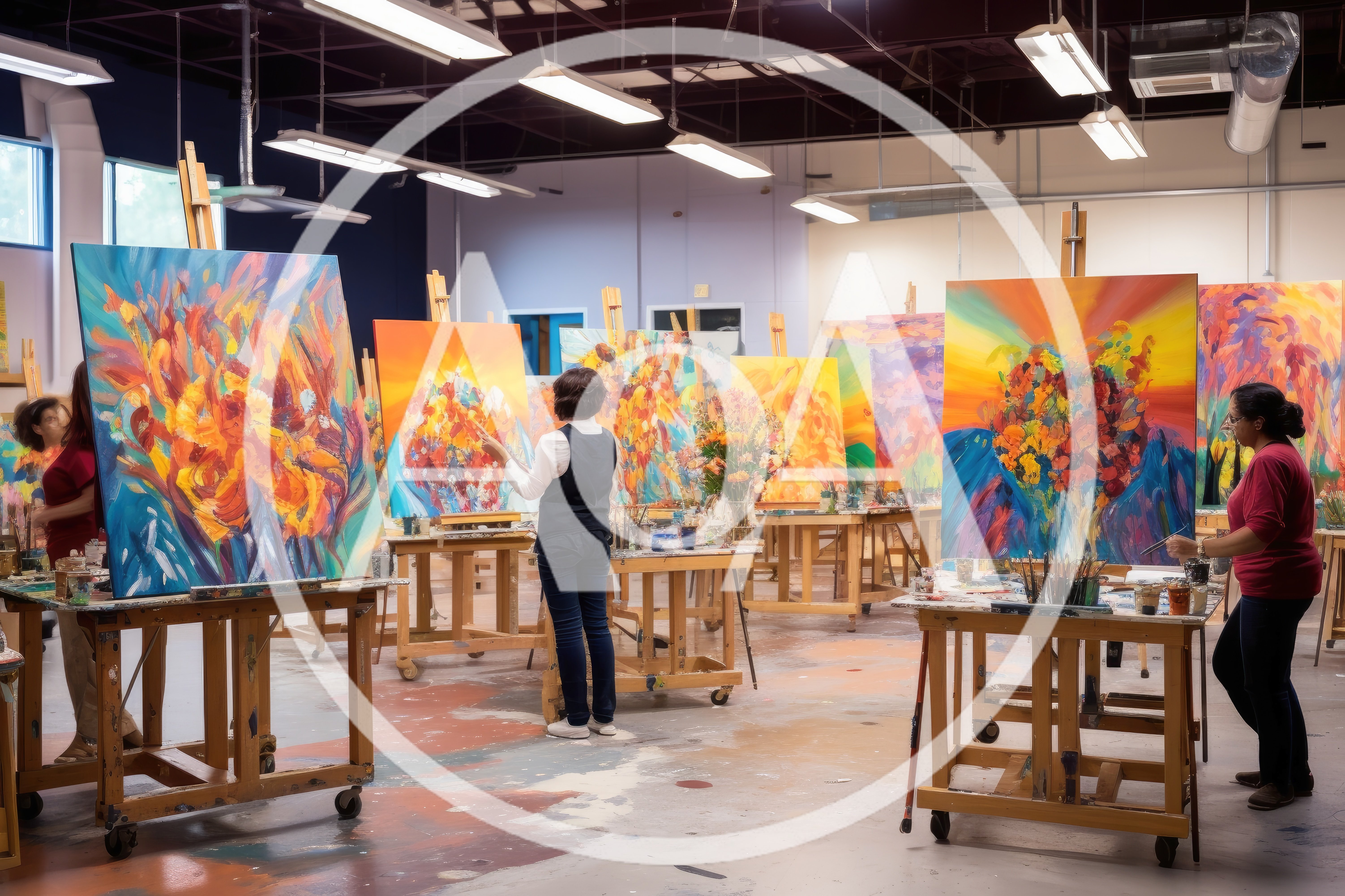Artists Painting Abstract Floral Canvases In A Studio