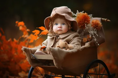 Adorable Baby Sitting In A Vintage Wooden Carriage