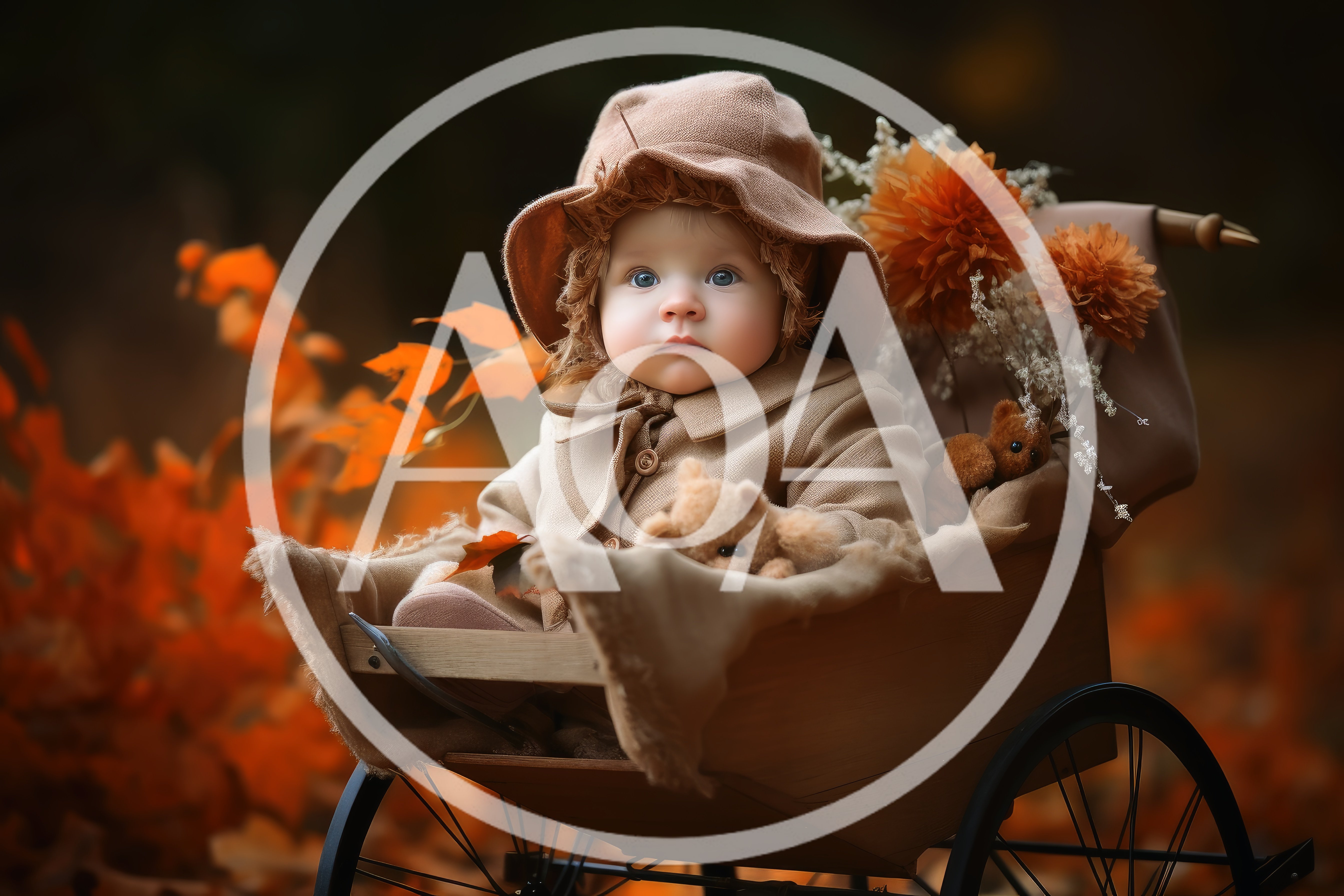 Adorable Baby Sitting In A Vintage Wooden Carriage