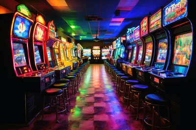 Empty Arcade Hall With Glowing Retro Gaming Cabinets