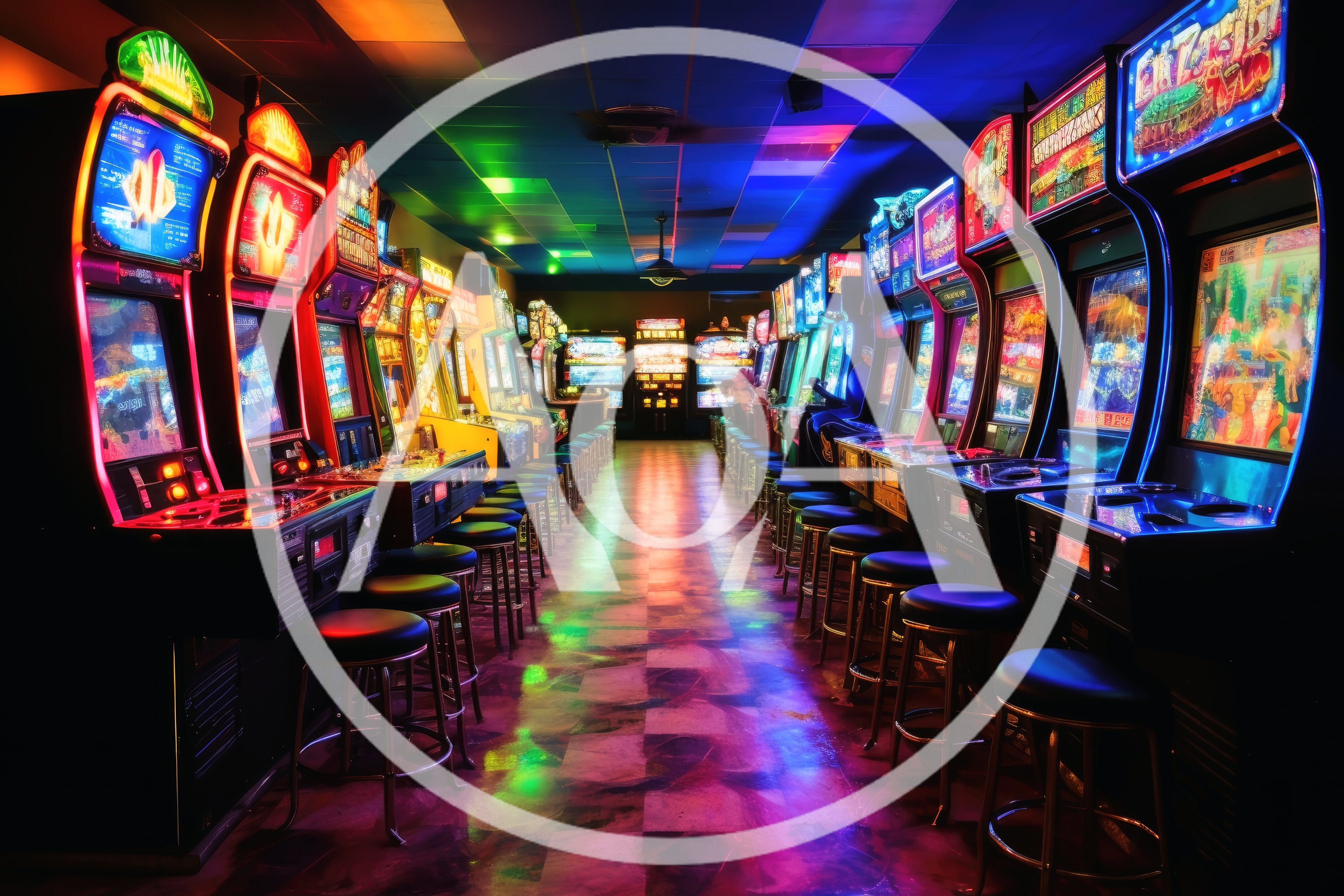 Empty Arcade Hall With Glowing Retro Gaming Cabinets