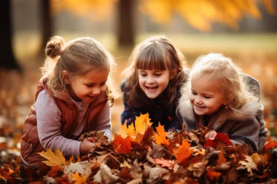 Three Young Girls Playing With Autumn Leaves