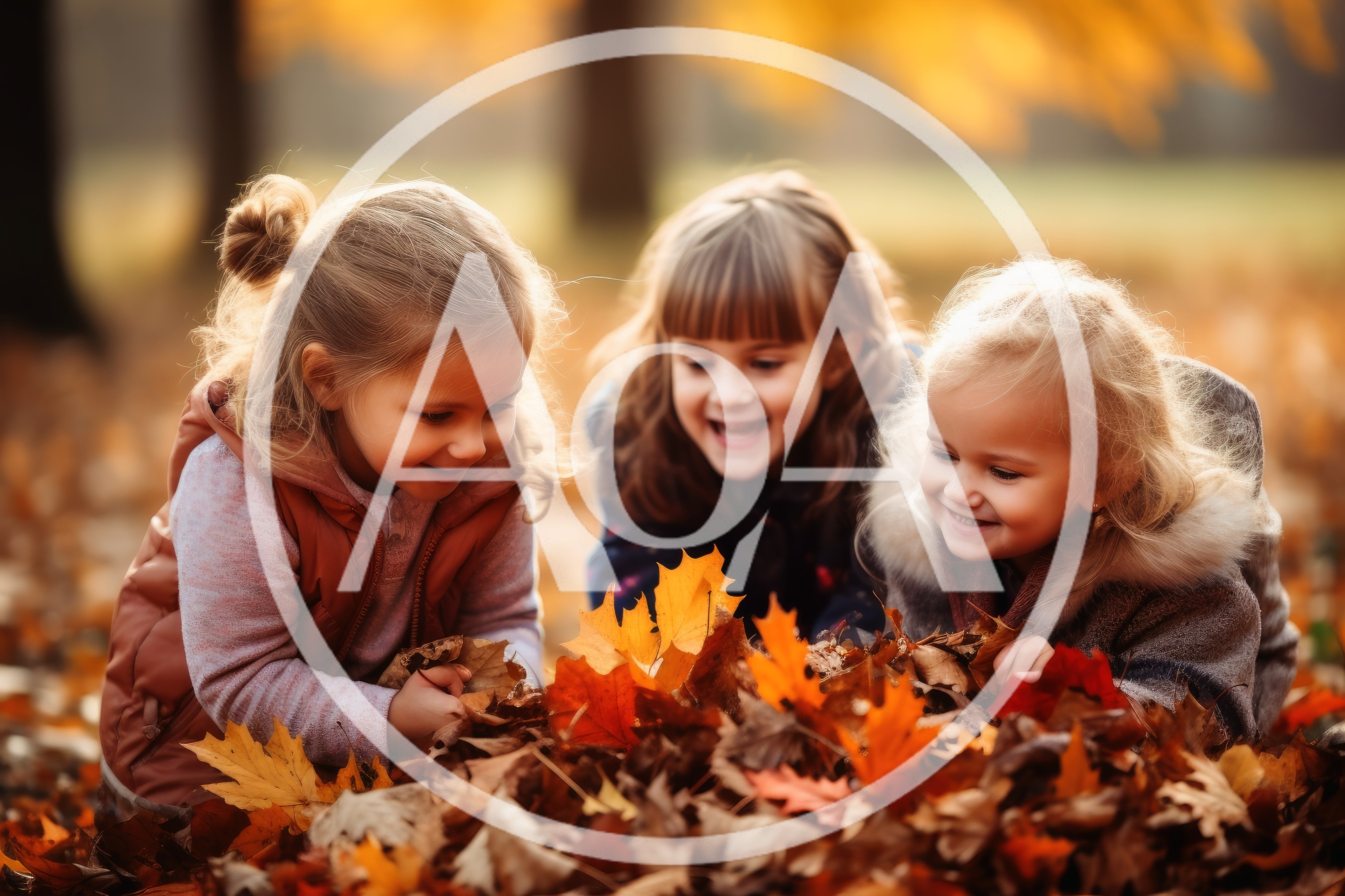 Three Young Girls Playing With Autumn Leaves
