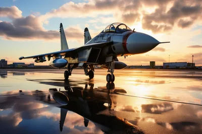 MiG-29 Fighter Jet Parked On Wet Tarmac At Sunset