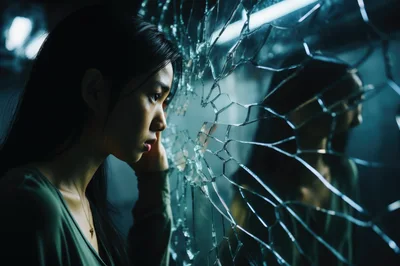 Young Woman Looking Through Shattered Glass Mirror