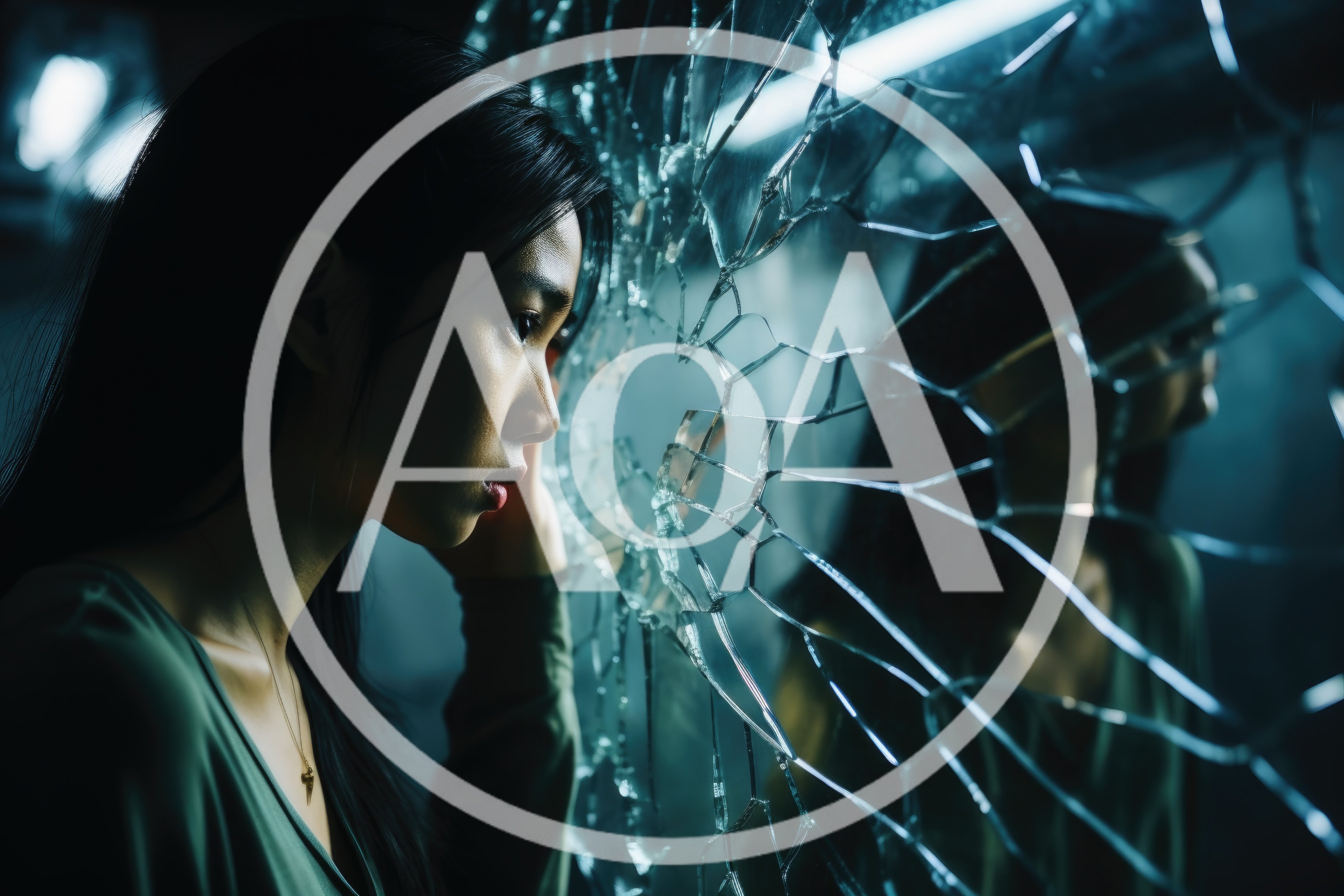 Young Woman Looking Through Shattered Glass Mirror