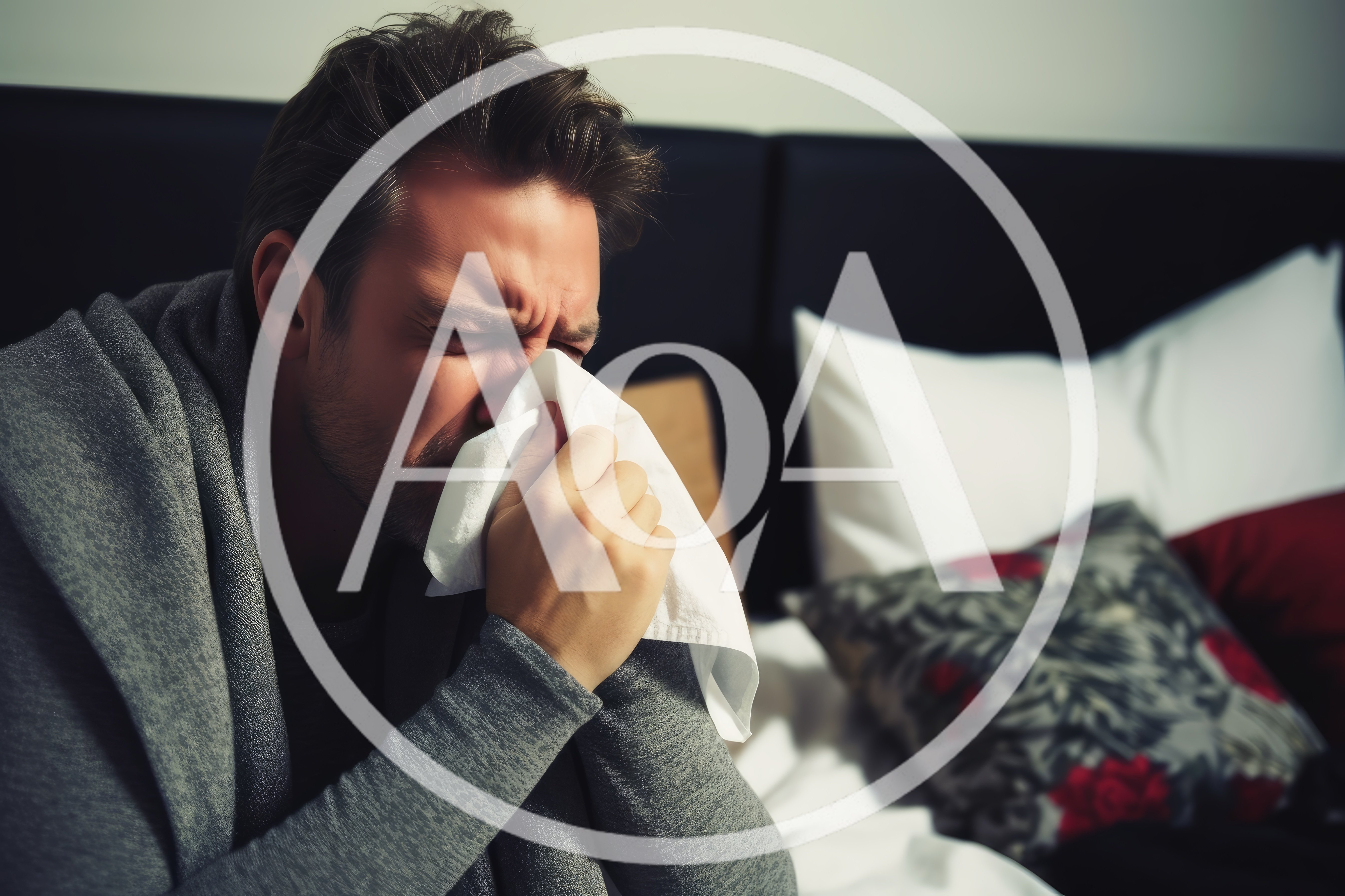 Sick Man Blowing Nose With Tissue In Bed