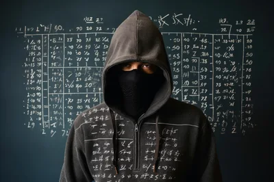 Hacker Wearing Hoodie And Mask Against Mathematical Background