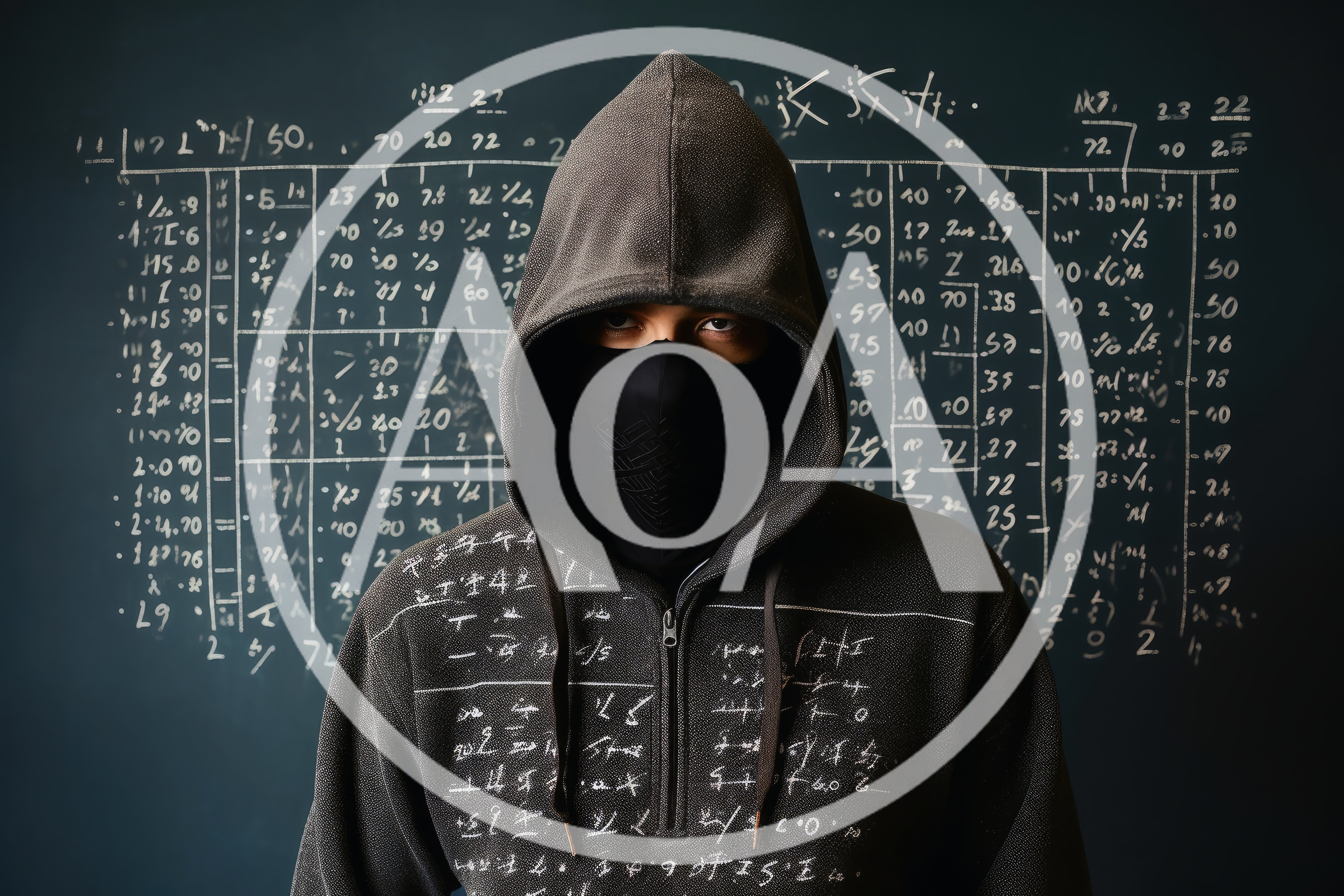 Hacker Wearing Hoodie And Mask Against Mathematical Background