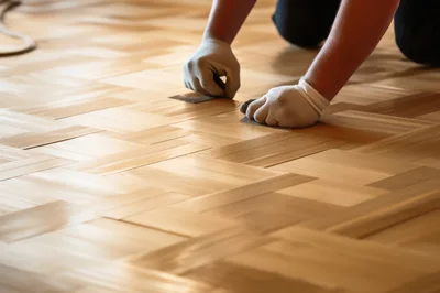 Worker Sanding Wooden Parquet Floor By Hand