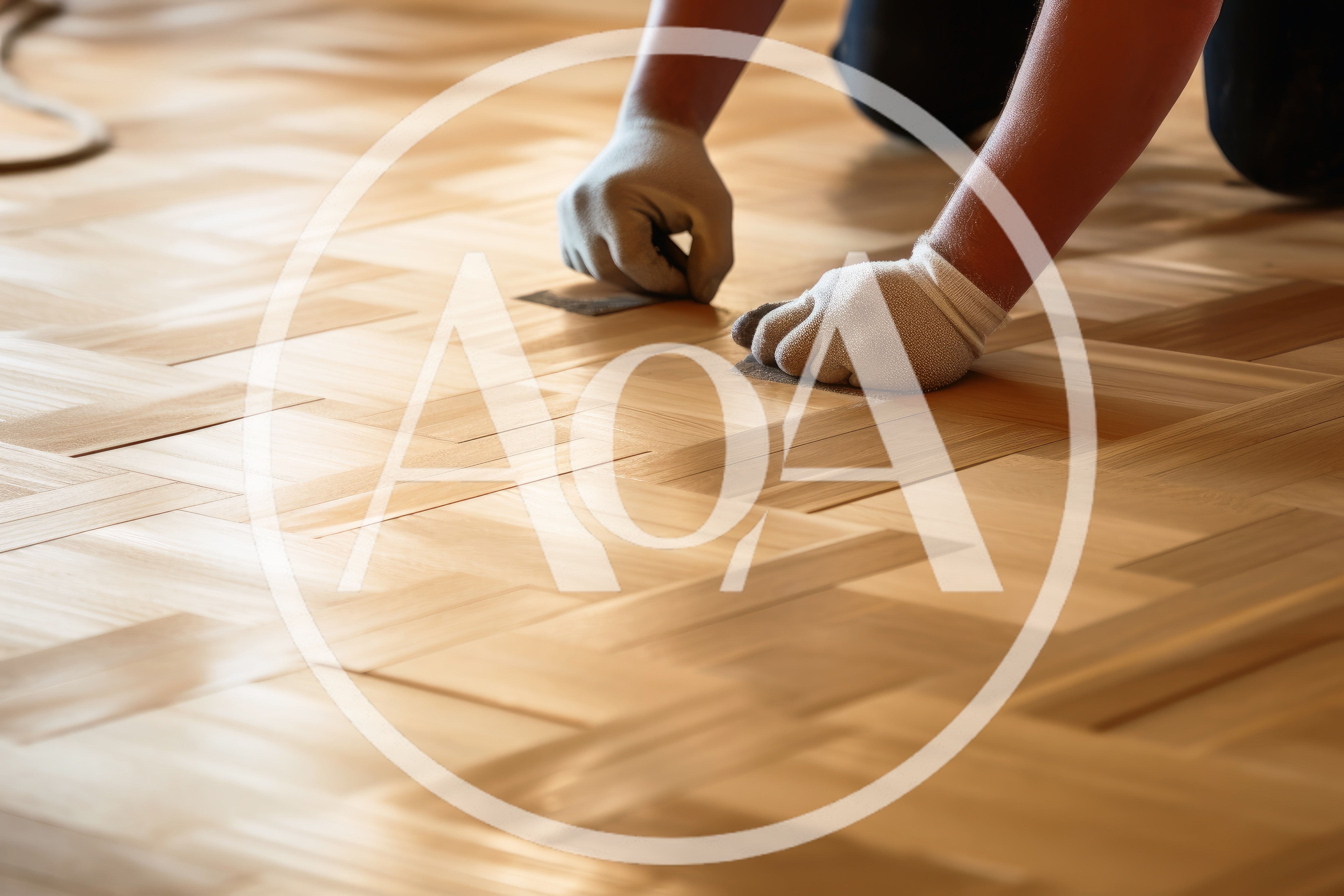 Worker Sanding Wooden Parquet Floor By Hand