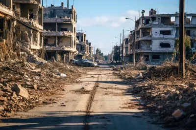 Ruined City Street With Damaged Buildings And Debris