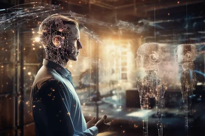 Man Interacting With Digital Holographic Artificial Intelligence