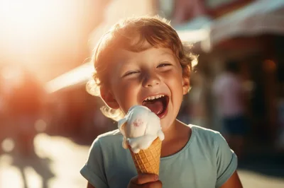 Happy Child Eating Ice Cream Cone Outdoors