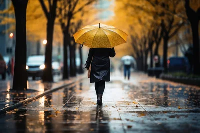Person Walking With Yellow Umbrella On Rainy City Street