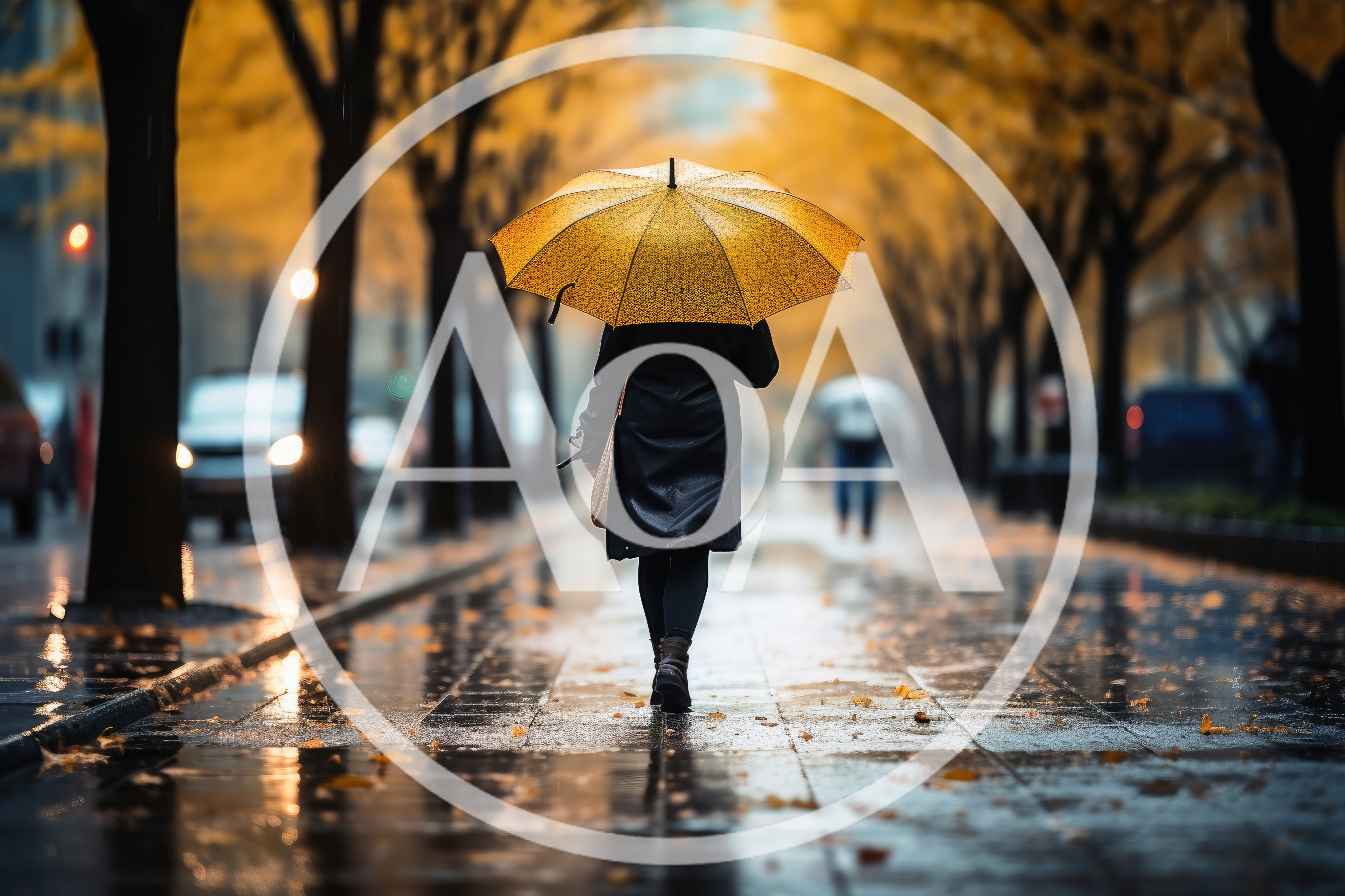 Person Walking With Yellow Umbrella On Rainy City Street