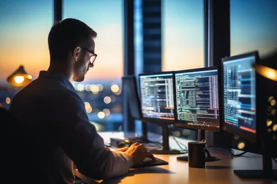Software Developer Working Late In Modern Office