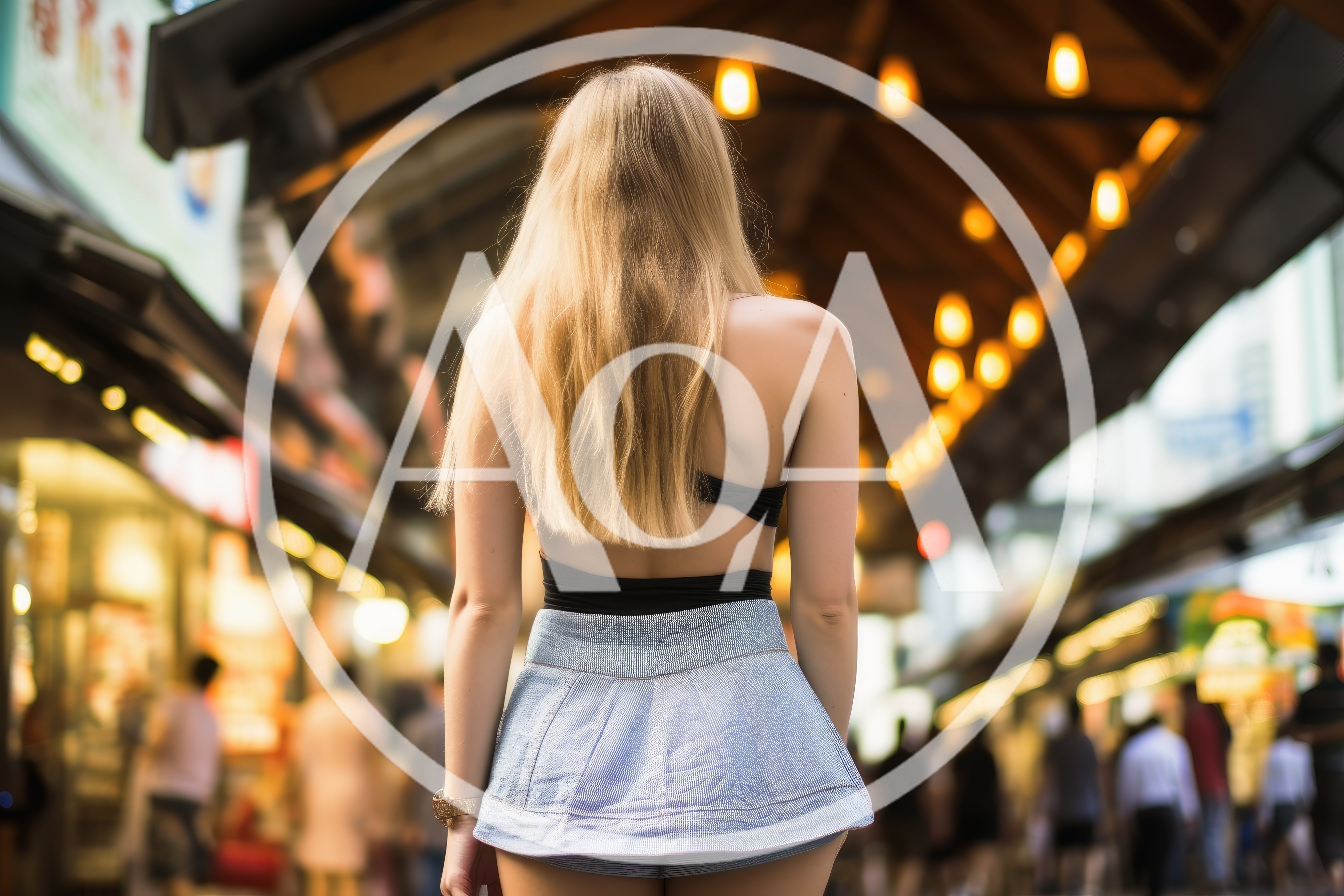 Blonde Woman Walking Through A Bustling Night Market