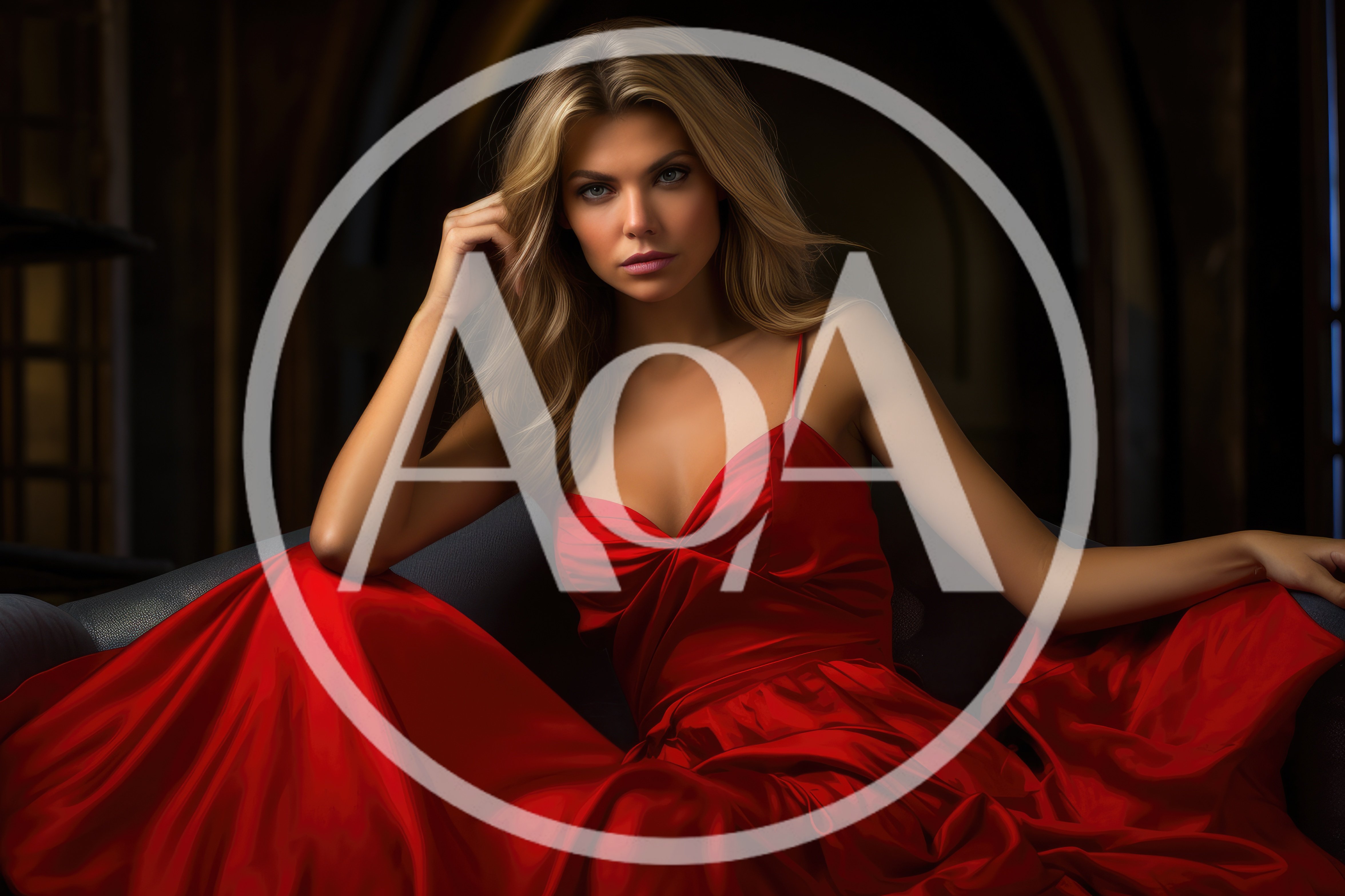 Elegant Blonde Woman In Red Silk Evening Gown