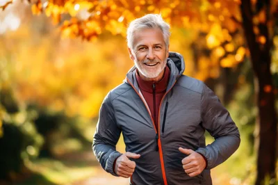 Active Senior Man Jogging in Autumn Park