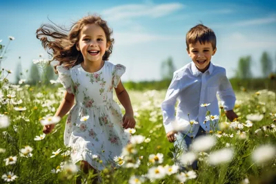 Happy Children Running Through A Sunny Daisy Field
