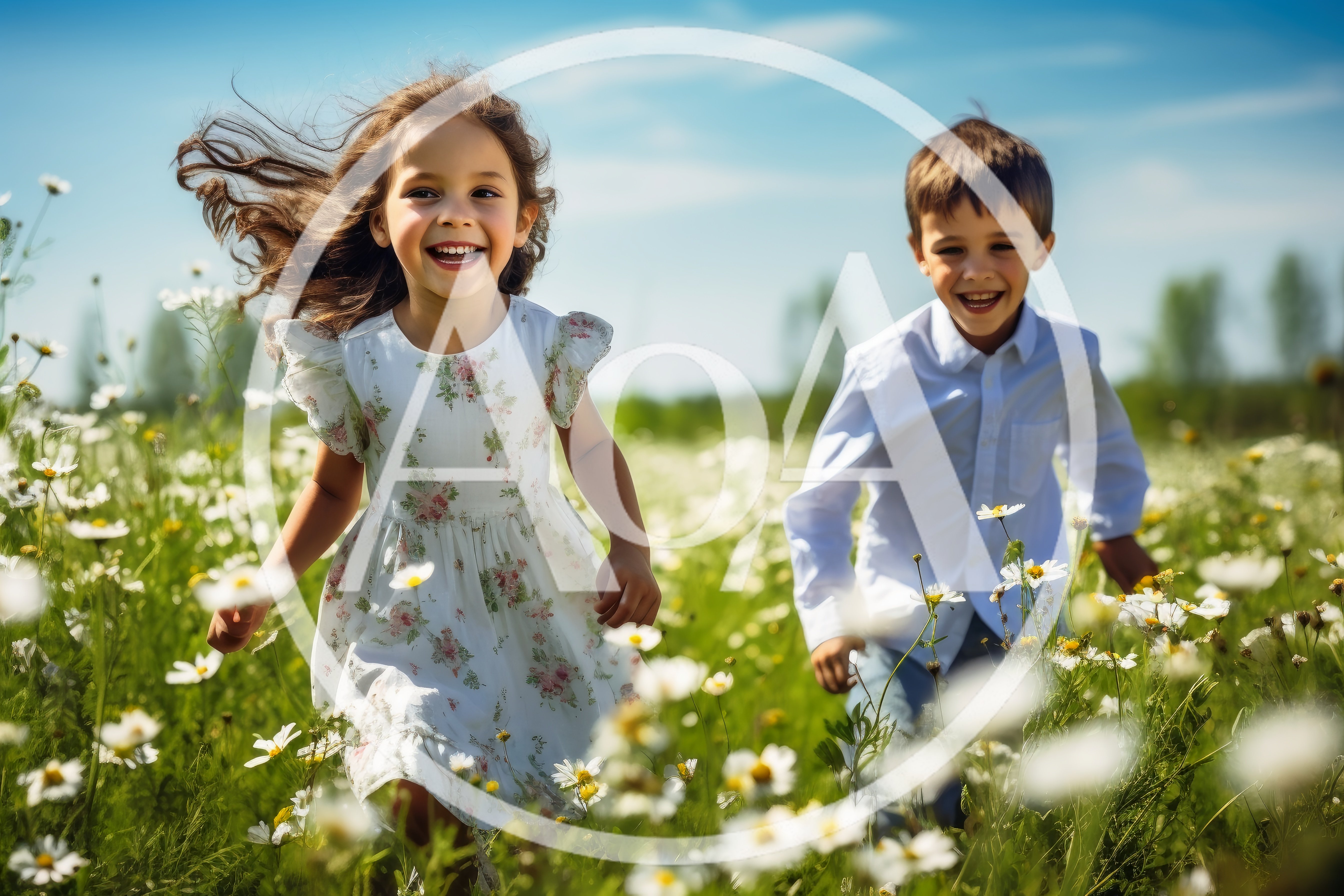 Happy Children Running Through A Sunny Daisy Field