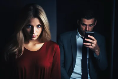 Woman Looking Forward With Man Using Smartphone Behind Her