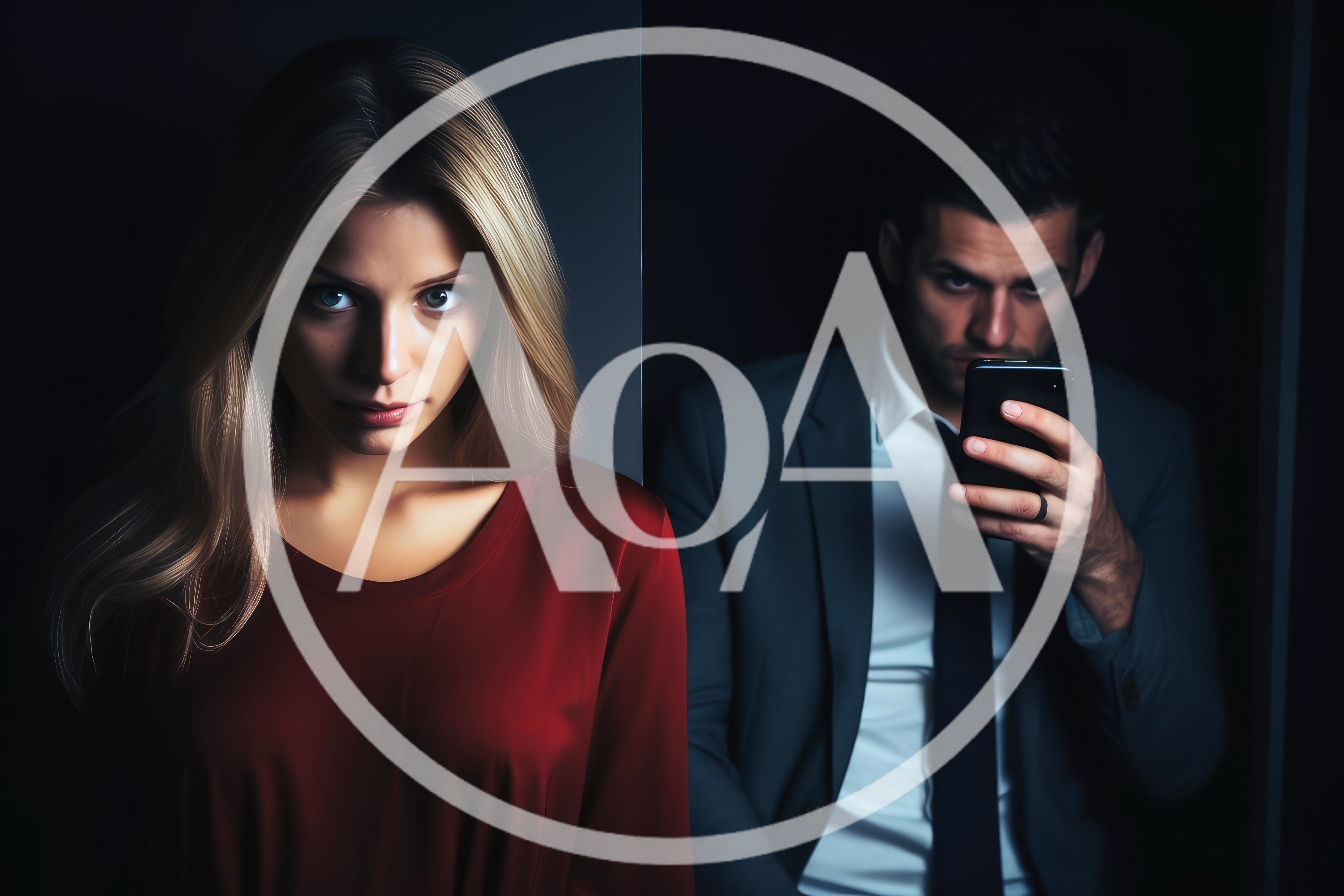Woman Looking Forward With Man Using Smartphone Behind Her